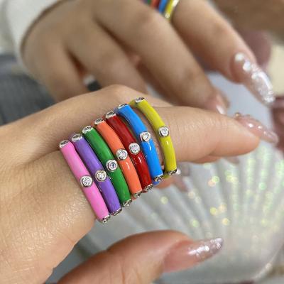 China Fashion Rainbow Stack 3 Band Brass Pastel Diamond 925 Enamel Silver Women Rings for sale