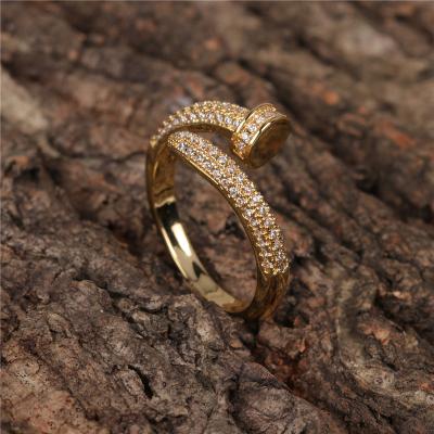 China lead free & Nickel Free Statement 18K Real Gold Plated Nail Shape Rings Iced Out Full Crystal Nail Jewelry Hip Hops Rings Rhinestone for sale