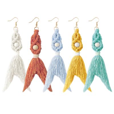 China BOHEMIA Cotton Tassel Macrame Earrings Tassel Drop Earrings Gift For Women Long Dangle Earrings for sale