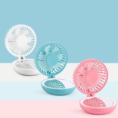 China New Mini Fan Outdoor Multifunction Portable USB Makeup Mirror With LED Beauty Lamp 3 Speeds Super Quiet 180 Degree Rotation Fan for sale