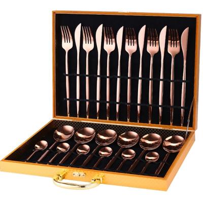 China Disposable Amazon Utensil Fork Knife Spoon Gold Black Flatware Stainless Steel Cutlery 24pcs Set With Wooden Box for sale