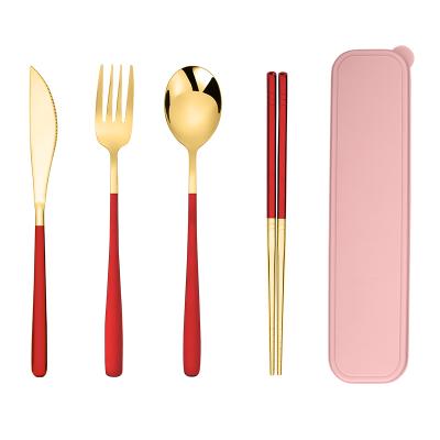 China Viable Cutlery Set 4pcs Spoon Chopsticks Knife With Box Portable Gold Plated Korean Stainless Steel Flatware Set for sale