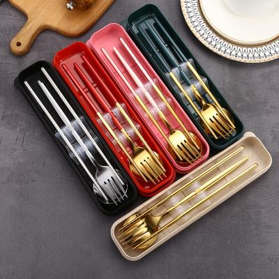 China Travel Sustainable Reusable Stainless Steel Spoon Fork Chopsticks 3pcs Cutlery Set Portable Flatware Set with Wheat Crate for sale