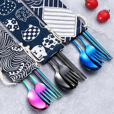 China 304 Stainless Steel Disposable Portable Cutlery Set Spoon Fork Chopsticks Set With Bag Korean Cutlery for sale