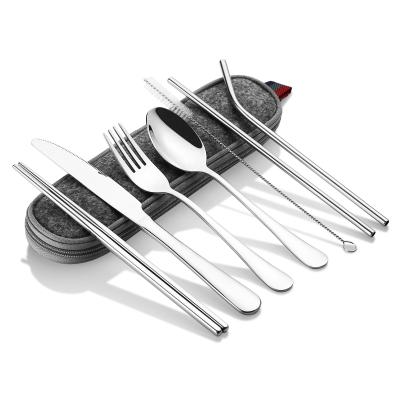 China Pandeat Travel Camping Disposable Cutlery Set 8-Piece Knife Fork Spoon Chopsticks Cleaning Brush Straws Case Stianless Steel Flatware Flatware for sale