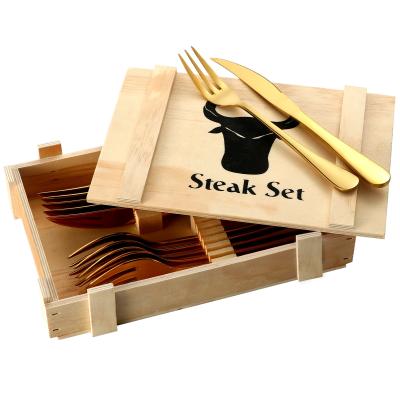 China 12 Piece Gold Silverware Disposable Steak Knives and Fork Set Serrated Dishwasher Safe Steak Dinner Fork Sets for sale