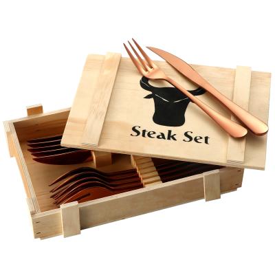 China Rose Gold Disposable Steak Knives and Fork 12 Piece Silverware Set Serrated Dishwasher Safe Steak Dinner Fork Sets for sale