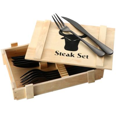 China 12 Piece Silverware Set Disposable Serrated Dinner Fork Dishwasher Safe Black Steak Knives and Fork for sale