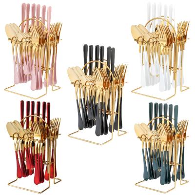 China Sustainable Hot Selling 24 Pcs Gold Stainless Steel Luxury Cutlery Set With Stand Wedding for sale