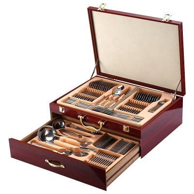 China Disposable T280 Mirror Polished 24k Gold Plated Cutlery Set 72 Pcs Silverware Set With Wooden Case for sale