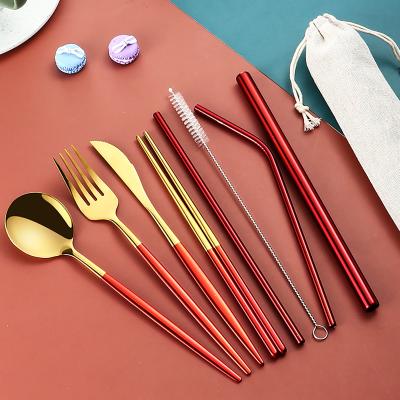 China Wholesale Disposable Cutlery Set Outdoor Portable Eco Friendly Stainless Steel Knife Fork Spoon Drinking Straws for sale