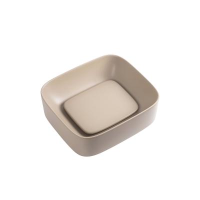 China Matte Khaki Luxury Modern Ceramic Square Colored Hand Wash Basin With Water Cover for sale