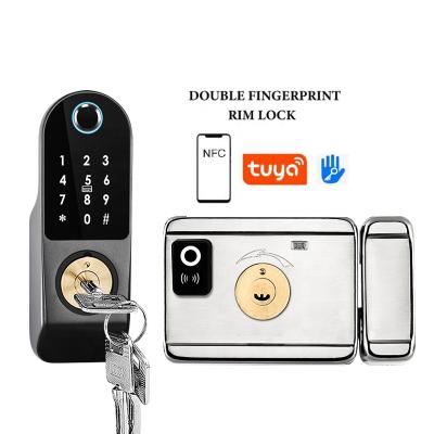 China TUYA/TT Rim Lock IP65 Fingerprint Door Lock Stainless Steel Smart Electric Waterproof Outdoor Door Lock Zinc Alloy for sale