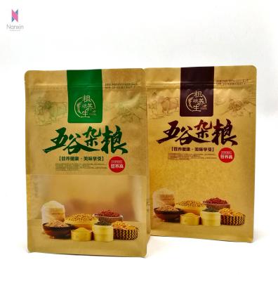 China Food Packaging Disposable Flat Bottom Pouch Eco-friendly Dry Kraft Bag With Window For Various Grain Crops for sale