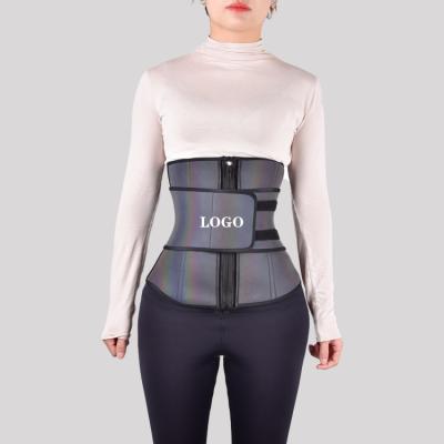 China Women's Antibacterial Custom Logo Slim Zipper Reflective Iridescent Neoprene One Belt Control Tummy Waist Trainer for sale