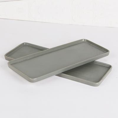 China Cheap Stocked Dish Gray Color Fruit Salad Plate Rectangle Dark Style Porcelain Dinnerware Ceramic Dish for sale