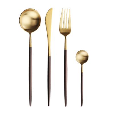 China Luxury Gold Stocked Chocolate Spoon Fork and Knife Set Rustic Pink White Silver Black Colored Gold Stainless Steel 24pcs Cutlery for sale