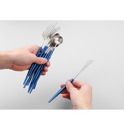 China Stocked Promotion Silver Spoons Blue Fork And Knife Set Colorful Ready To Ship 24pcs Stainless Steel Spoon Set Cutlery for sale