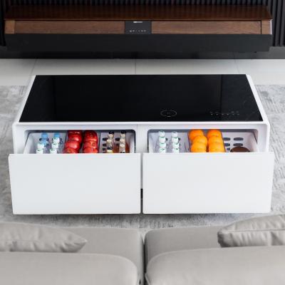 China Adjustable Height Modern Metal Coffee Table with Smart Touch Screen and Built-in Fridge for sale