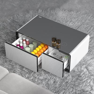 China Wireless Charging Hotel Smart Coffee Table with 65L Fridge Capacity and Dual Glass Door for sale