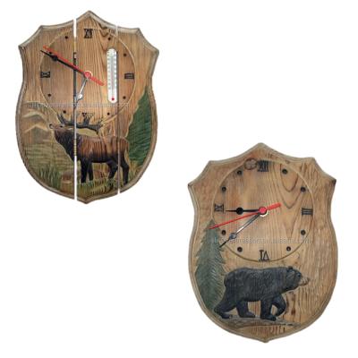 China Antique Style Decorative Hand Carved Wooden Wall Clock With Thermometer for sale