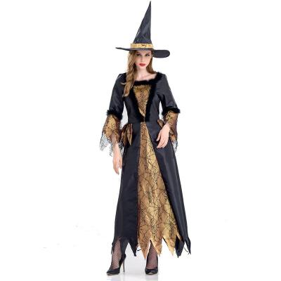 China New Polyester Halloween Spider Witch Costume Black Orange Witch Costume Masquerade Stage Cosplay Costumes for sale