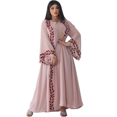 China New Mid East Fashion Street Fashion Handmade Stitched Pink Round Neck Long Sleeve Diamonds Strap Dres Summer Muslim Embroidery Chiffon Border Long Dress With Headband for sale