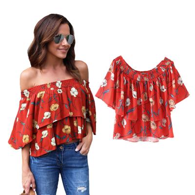 China Breathable Sleeveless Strapless Women Blouses Floral Print Off The Shoulder Tops Ladies Blouse for sale