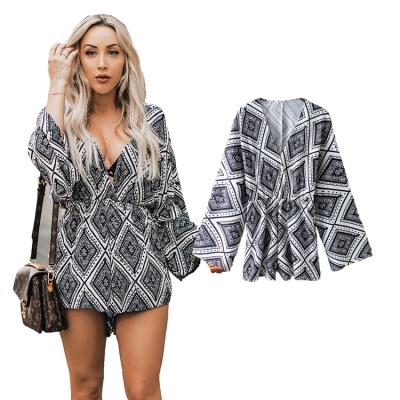 China QUICK DRY Loose Printed Deep-V Long Sleeve Rompers Plus Size Women Jumpsuit Casual Dress for sale