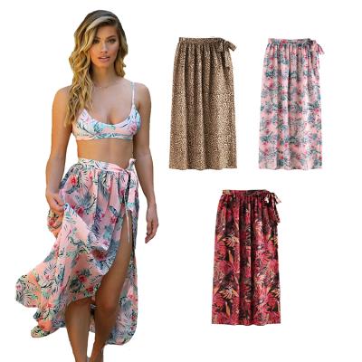 China 2021 Summer Floral Print Bohemia Beach Midi Skirt Breathable Leopard Split Women Skirts for sale