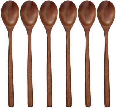 China 6 Pieces Sustainable 9 Inch Wooden Soup Spoons for Eating Mixing Stirring, Long Handle Spoon, Table Spoon Eco Friendly for sale