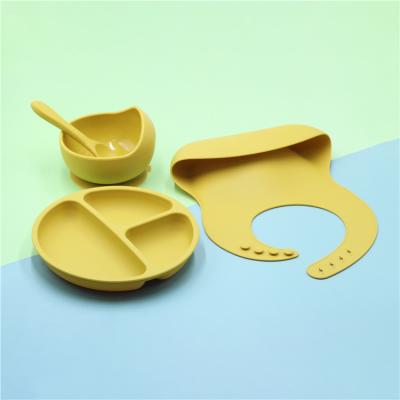 China Stocked Baby Silicone Feeding Dish Set Bowl With Spoon Silicone Bib 4 Pieces Baby Feeding Dish Set for sale