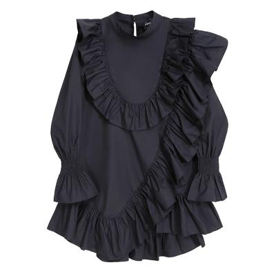 China 2021 Spring Breathable Long Sleeve Blusas Ruffles Design Streetwear Gothic Black White Blouse Women Tops Shirt for sale