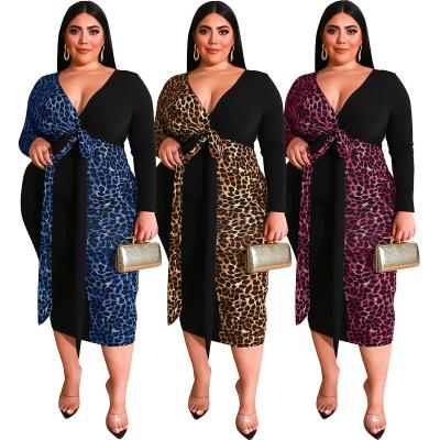 China 2020 Anti-Static Sexy Leopard Plus Size Women Dresses Long Sleeve Casual Dress Wholesale Women V-Neck Dresses For Women for sale