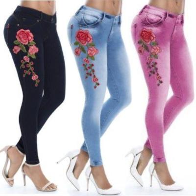 China Color Fade Proof Womens Plus Size High Rise Stretch Skinny Rocket Denim Pants Floral Embroidered Jeans Long for sale