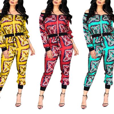 China Two Piece Women QUICK DRY Equipment Sweatsuit Off The Shoulder Print Zipper Fitness Clothing Tracksuits for sale