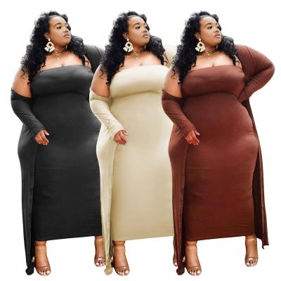 China Viable plus size dresses woman suit two piece dress set with long dress for mature lady plus size coat women fall clothes for sale