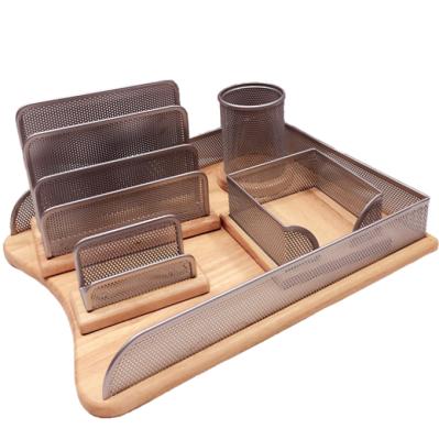 China Desk Organizer Metal Wood Stationery Metal Office Supplies Desk Set for sale