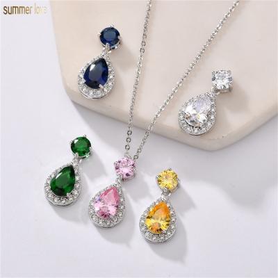 China Elegant Women Copper Water Drop Dangling CZ Zirconia Tear Drop Necklace Dangle Earrings Set Wedding Bridal Jewelry for sale