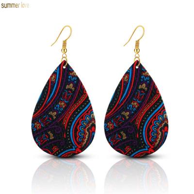 China Factory CLASSIC Trendy Bohemian Women Colorful Teardrop Printed Dangle Leather Statement Earrings Jewelry for sale