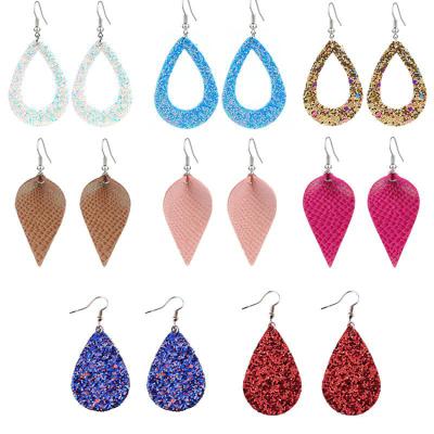 China Dangle Earrings New Fashion Double Side Water Drop Sparkle Teardrop Colorful Statement Cavity PU Printing Floral Fax Leather Earrings For Women for sale