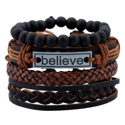 China BOHEMIA Vintage Boho Punk Rope Wrap Believe Tag Charm Braided Rope Bracelet Multi Layers Leather Bracelets For Men Women for sale