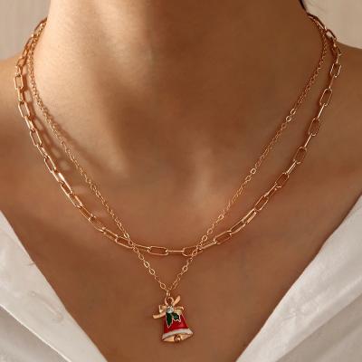 China TRENDY Gold Double Layer Jewelry Holiday Necklace Drop Oil Bell Snowflake Christmas Chain Necklace for sale