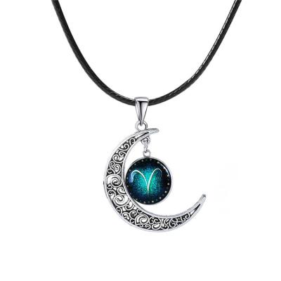 China CLASSIC Women Silver Moon Glass Charm 12 Zodiac Gemstone Pendant Leather Stainless Steel Necklaces Chain Jewelry for sale