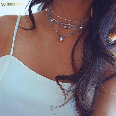 China Five-pointed Opal Star Pendant Multi-Layer Stone Choker Necklace Women New Fashion Bohemian Silver Choker Necklace Women Trend Party Jewelry for sale