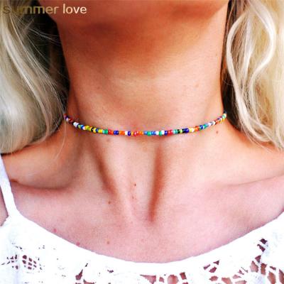 China Alloy Fashion Design Summer Beach Handmade Colored Glass Rice Beaded Choker Necklace Jewelry For Women Girls for sale