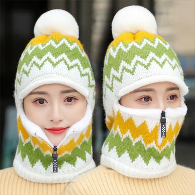 China Wholesale New COMMON 2021 Winter Beanie Hat And Scarf Sets With Jacquard Knitting Thick Plush Zipper Ear Scarf Hat 3 In 1 for sale