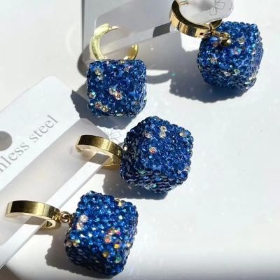 China TRENDY Shiny Blue Dice Earrings for Women Cubic Zircon Dices Charm Dangle Earrings Women's Party Earring Stainless Steel Jewelry for sale