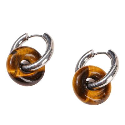 China TRENDY Silver Color Stainless Steel Earrings for Women Men Couple Jewelry Multicolor Agates Handmade Natural Stone Thick Hoop Earrings for sale