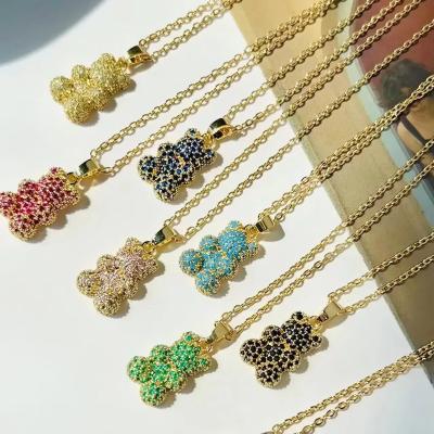 China TRENDY Bear Charms Colorful Zircon Full Rhinestones Animal Bears Pendant Necklaces for Women Collar Korean Necklace Men Jewelry Gifts for sale